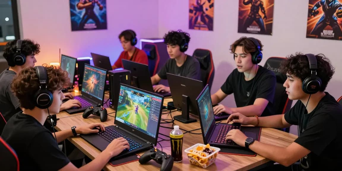 Komunitas online megawin88 dengan gamer beragam memainkan game multiplayer pada laptop, suasana ceria dan penuh semangat.