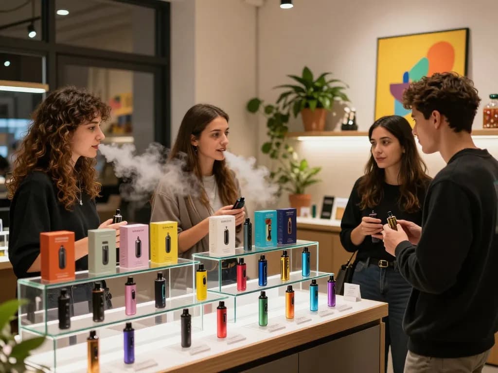 Negozio vibrante che mostra una varietà di vaporizatori THC, creando un'atmosfera accogliente per i clienti.