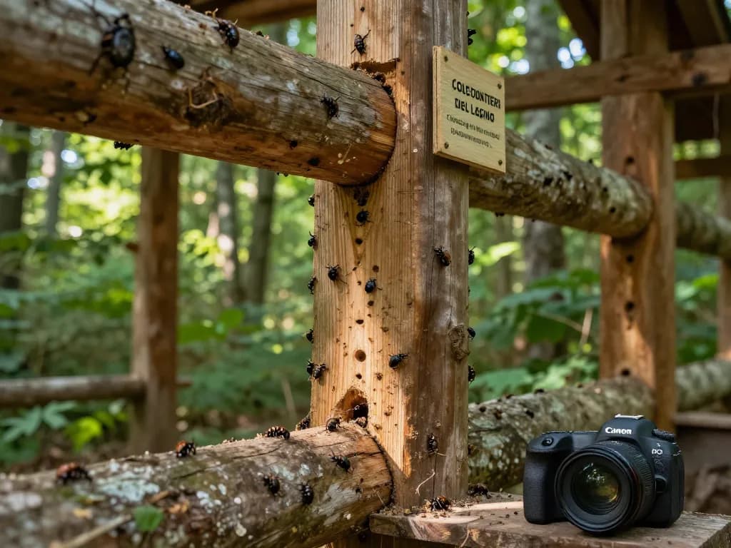 Coleotteri del legno che infestano travi di legno in una foresta, mostrando l'emergere dei coleotteri e i danni al legno.