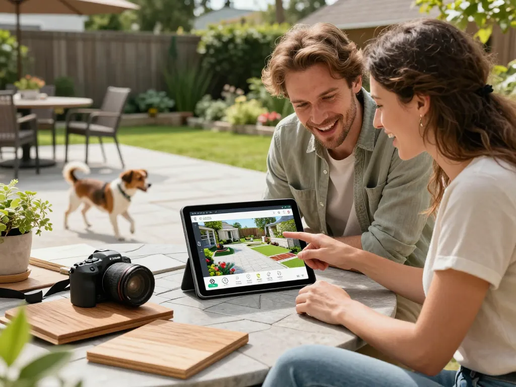 Couple using configuratore 3D outdoor tool to design a vibrant patio layout in a sunny garden.