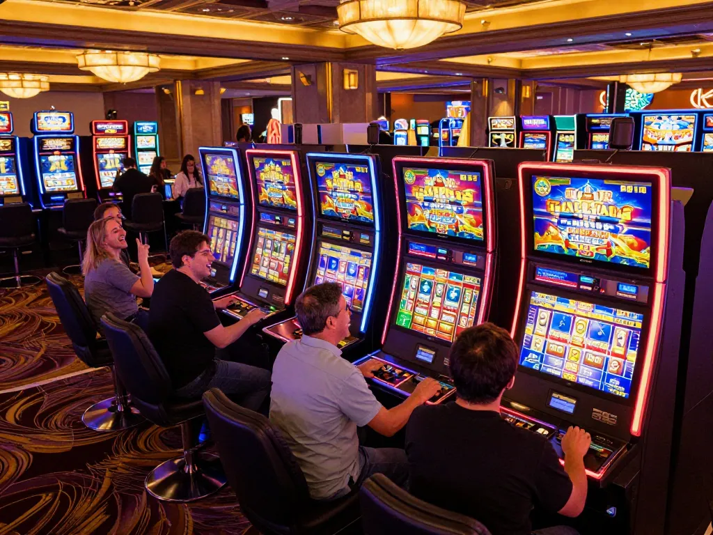 Players spin slot machines at 33winn, celebrating wins in a colorful casino atmosphere.