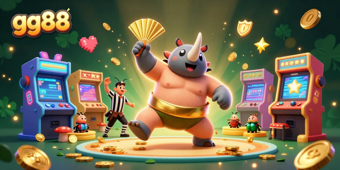 Engage with gg88's vibrant slot game action featuring a rhinoceros beetle champion amidst flying coins.