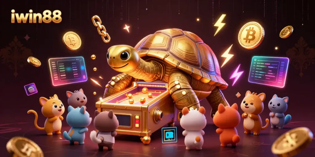 Win big with iwin88 in a vibrant 3D casino scene featuring a colossal golden tortoise and lively gameplay elements.