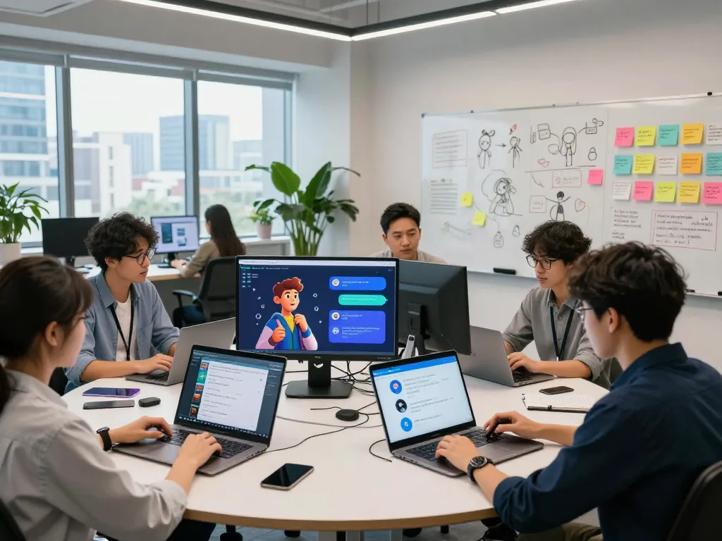 Developers collaborating on CrushonAI application in a modern lab