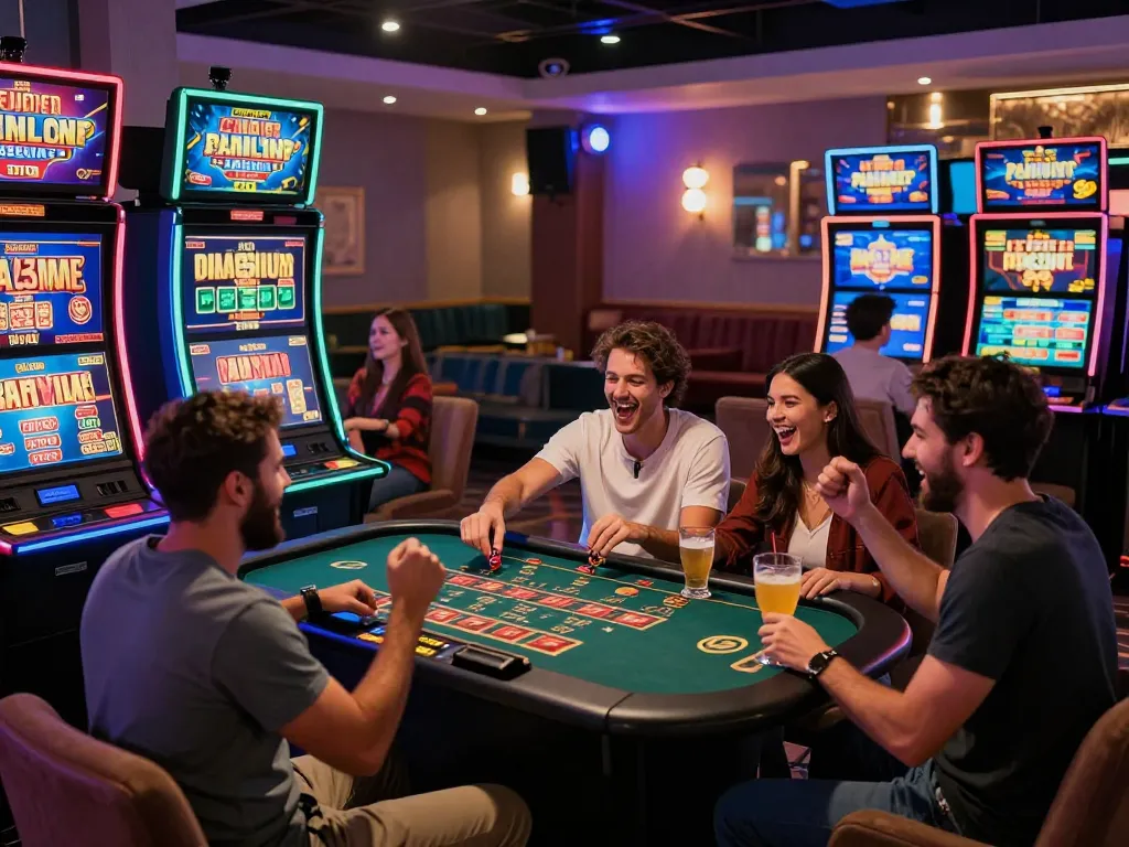 Friends enjoying the thrill of 68win online casino at night, lively atmosphere with colorful lights.