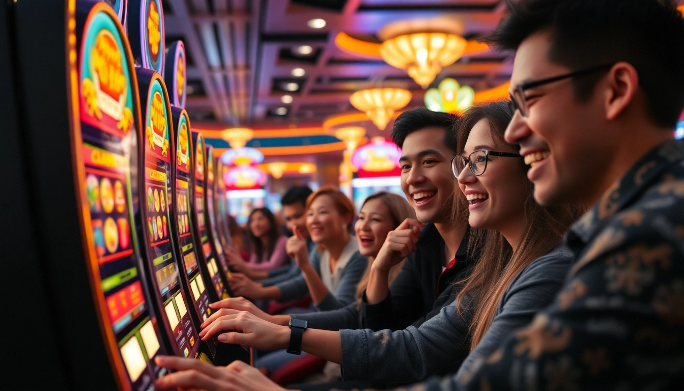 Nổ Hũ gaming excitement with vibrant slot machines, enthusiastic players in a dynamic casino atmosphere.