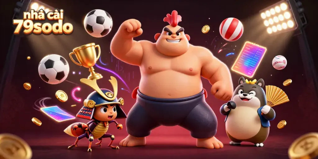 Engage with exciting moments at nhà cái 79sodo featuring a powerful sumo wrestler, cricket, and tanuki in a vibrant casino atmosphere.