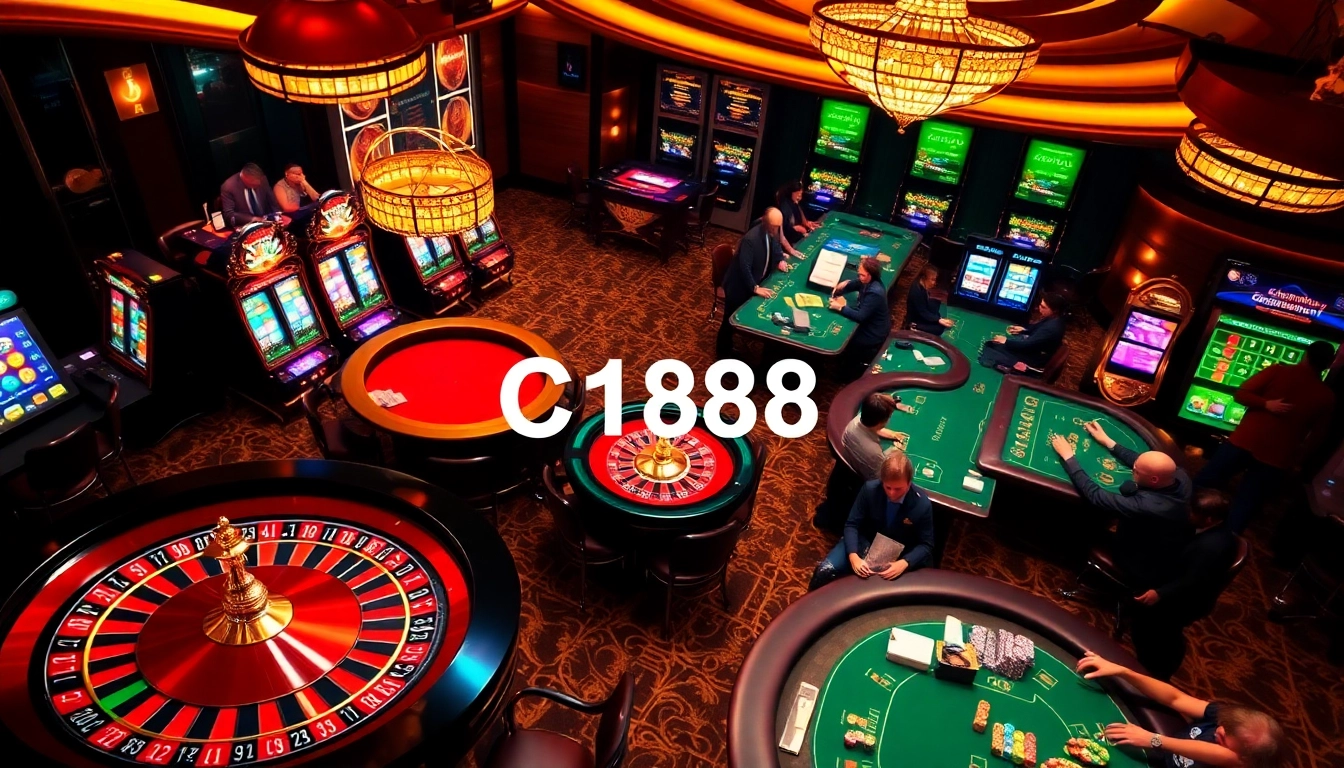 C168 casino featuring engaging players at roulette, blackjack, and dynamic slot machines.