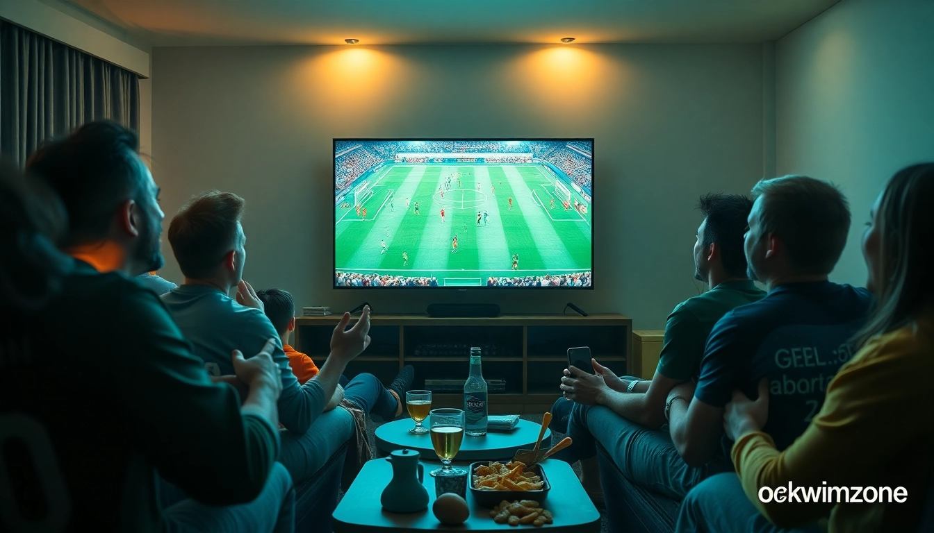 Football fans experiencing live matches on https://okwintv.zone/, showcasing excitement with vibrant team colors.