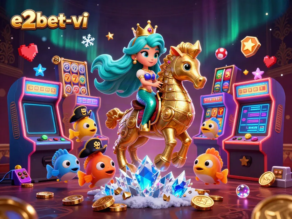 Experience the thrilling world of the e2bet-vi casino with a vibrant mermaid riding a seahorse amidst slot machine-rich underwater graphics.