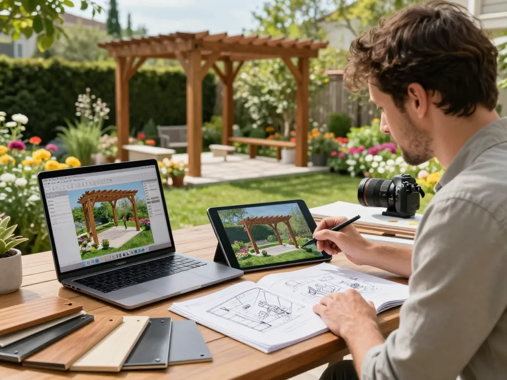 Designer paesaggista innovativo che configura un software configuratore pergole su un tablet 3D circondato da materiali per giardino.