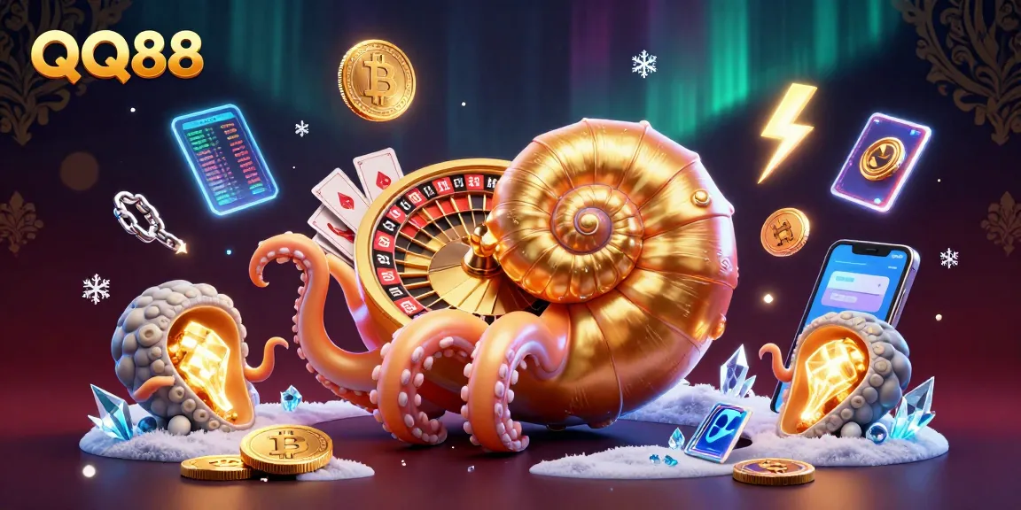Experience the excitement of QQ88, featuring a dazzling nautilus roulette wheel surrounded by vibrant crypto elements.