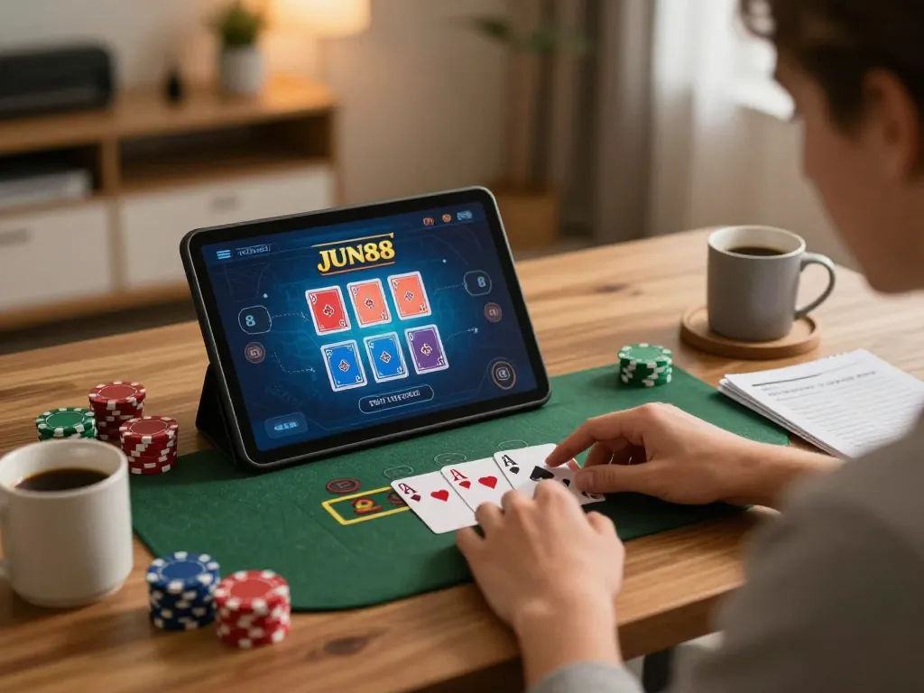Player enjoying live dealer blackjack on JUN88 app at home desk, showcasing interactive online gaming experience.