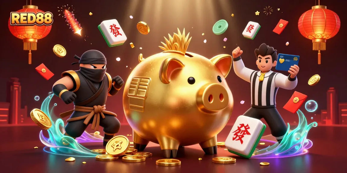 Join the excitement at RED88 where a golden piggy bank sumo wrestles, amidst a colorful casino backdrop!