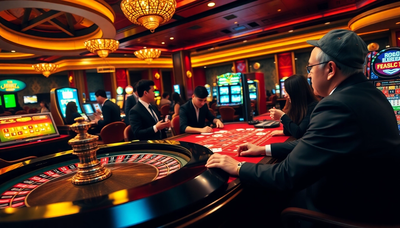 Exciting scene at RR88 bet casino showcasing players at roulette, poker, and slots.
