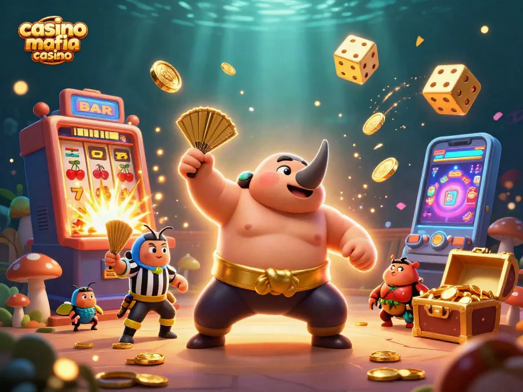 Experience action at casino mafia casino with a dynamic 3D scene of beetle champions amidst jackpot chaos.
