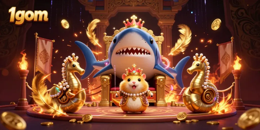 Engage in thrilling action at 1gom, featuring a golden hamster king overseeing an underwater casino.