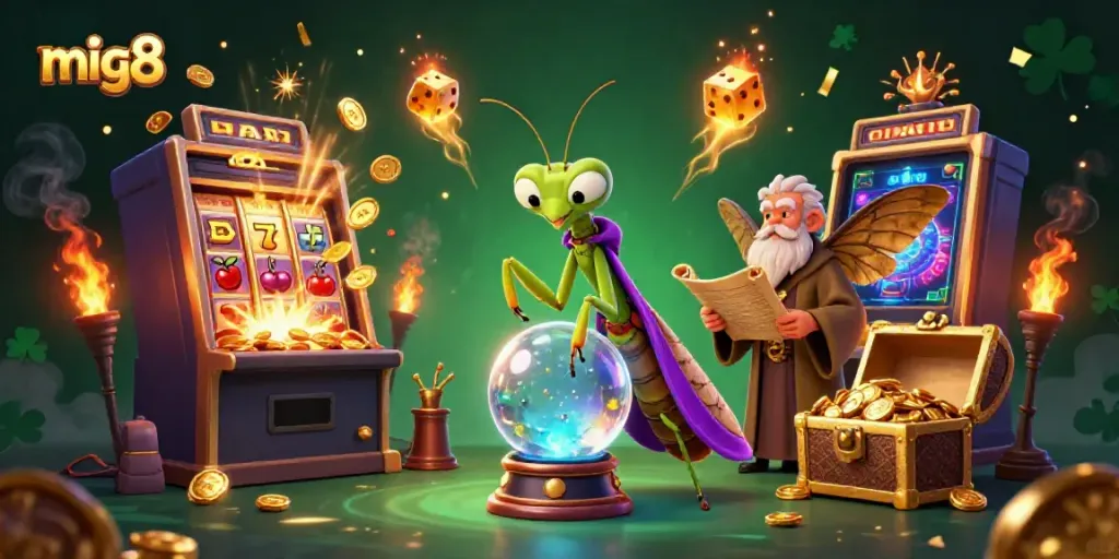Experience thrilling gaming adventures with mig8's vibrant 3D cartoon scene showcasing slot machines and mystical characters.