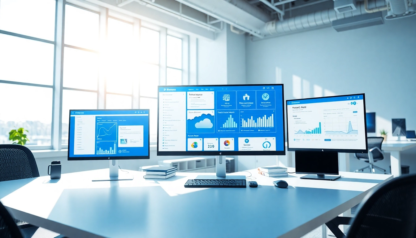 SaaS software applications showcased on modern digital displays in a professional workspace.