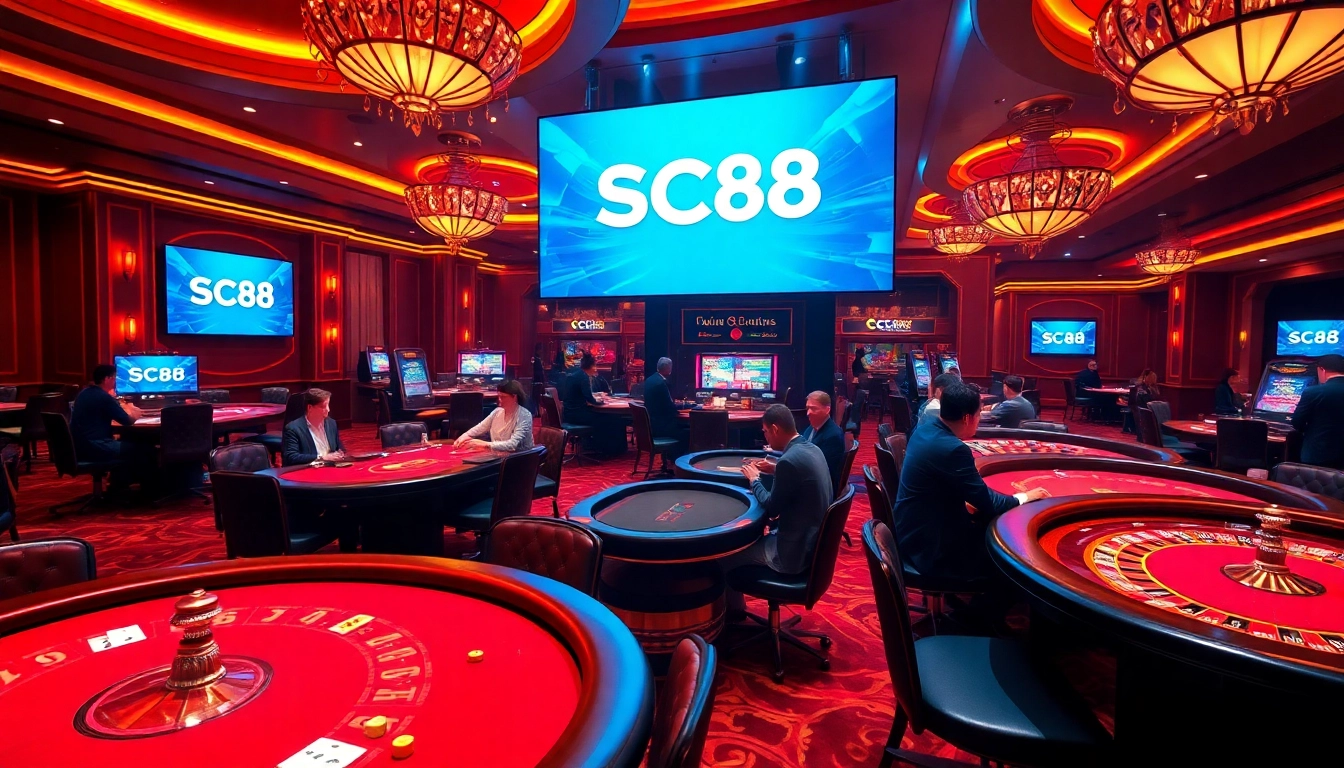 Experience the excitement of SC88 with players at vibrant casino tables and online gambling elements.