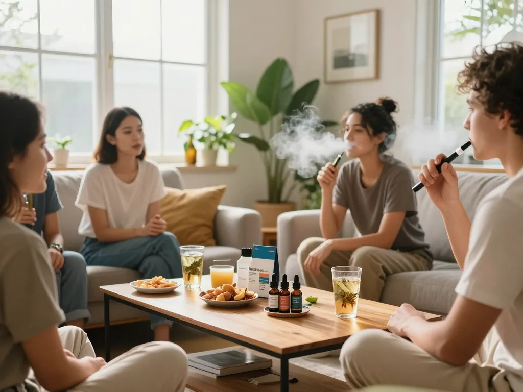 Vaporizzatori thc utilizzati in un incontro conviviale, evidenziando il benessere naturale e i prodotti vape al CBD in un ambiente accogliente.