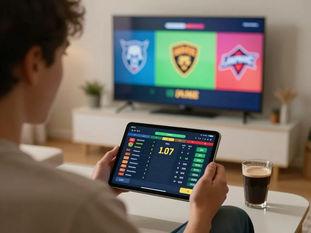 Engaged betting experience on https://mm88.vin/ during live sports event showcased in a cozy setting.