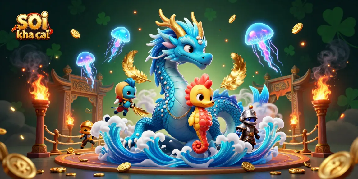 Engage with the soi keo nha cai experience featuring a mystical dragon, seahorse knight, and vibrant jellyfish in a dynamic betting arena.