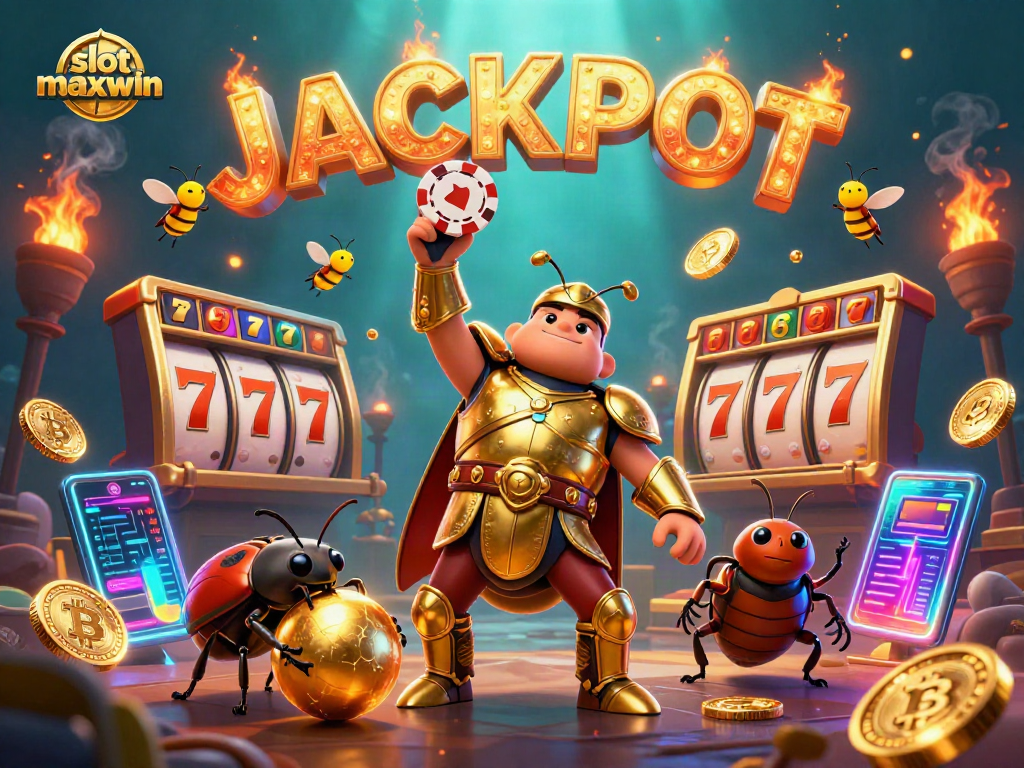 Experience slot maxwin excitement with vibrant 3D gambling scene featuring victorious beetles and crypto elements.
