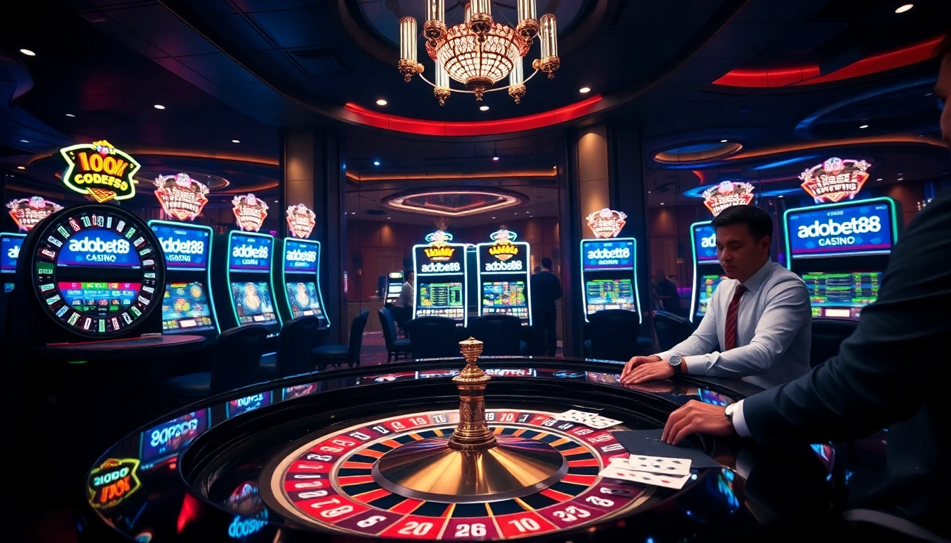 Players enjoying the excitement of slots at adobet88 casino with vibrant gaming atmosphere.
