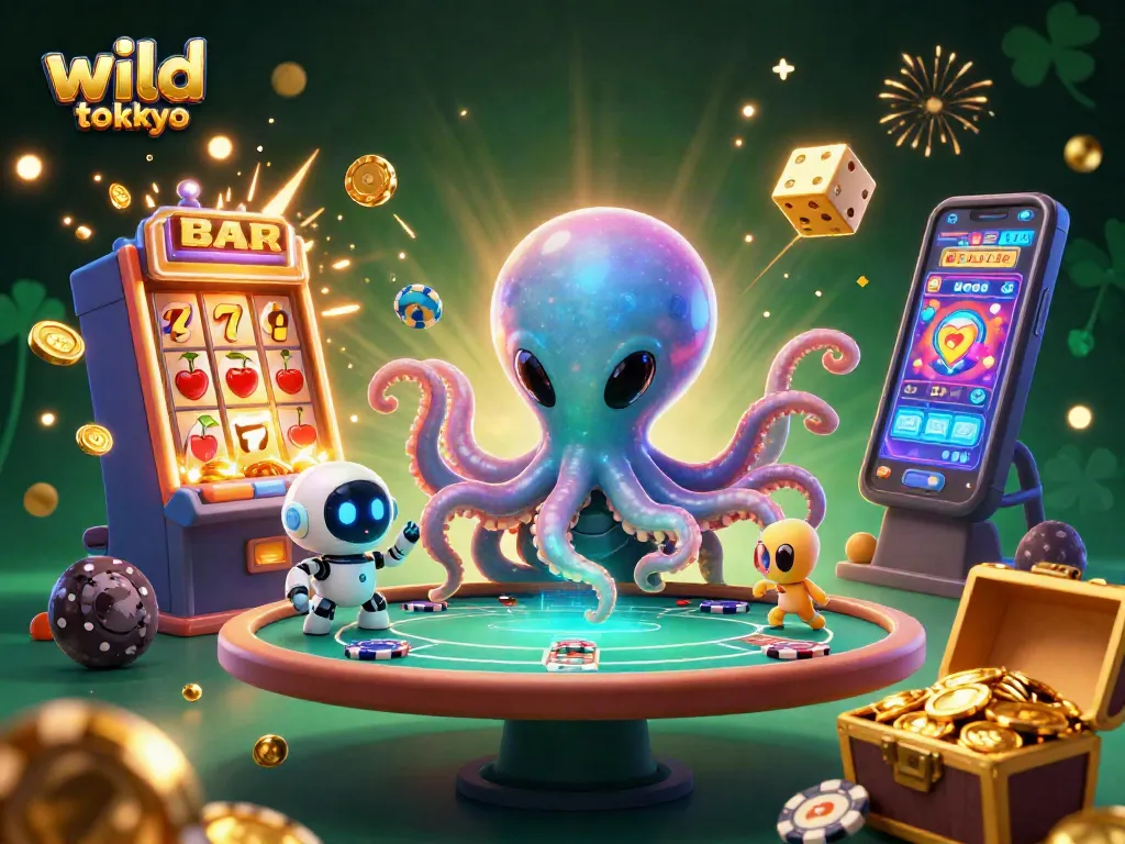 Engage with wild tokyo casino through a vibrant 3D scene featuring alien octopus and jackpot elements.