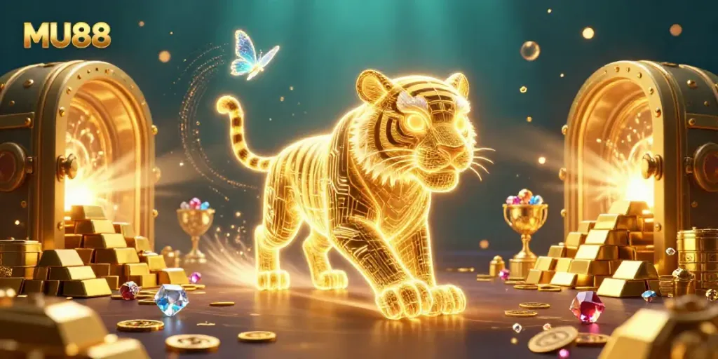 Experience MU88's vibrant casino scene with a golden tiger and treasure in a dazzling digital landscape.