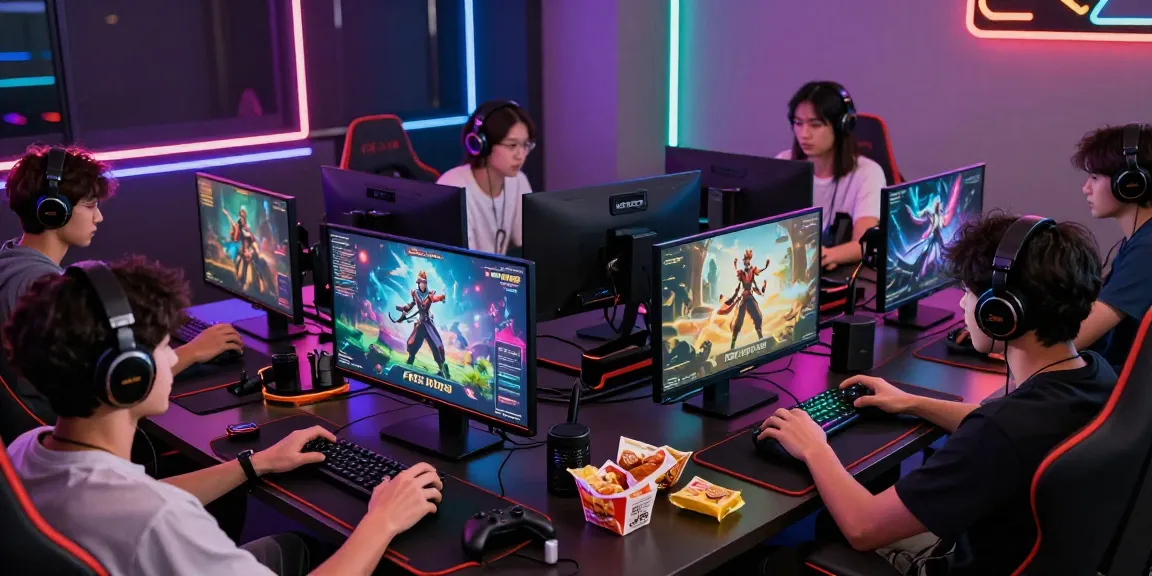 Players enjoying free hentai games on multiple devices in a vibrant gaming room.