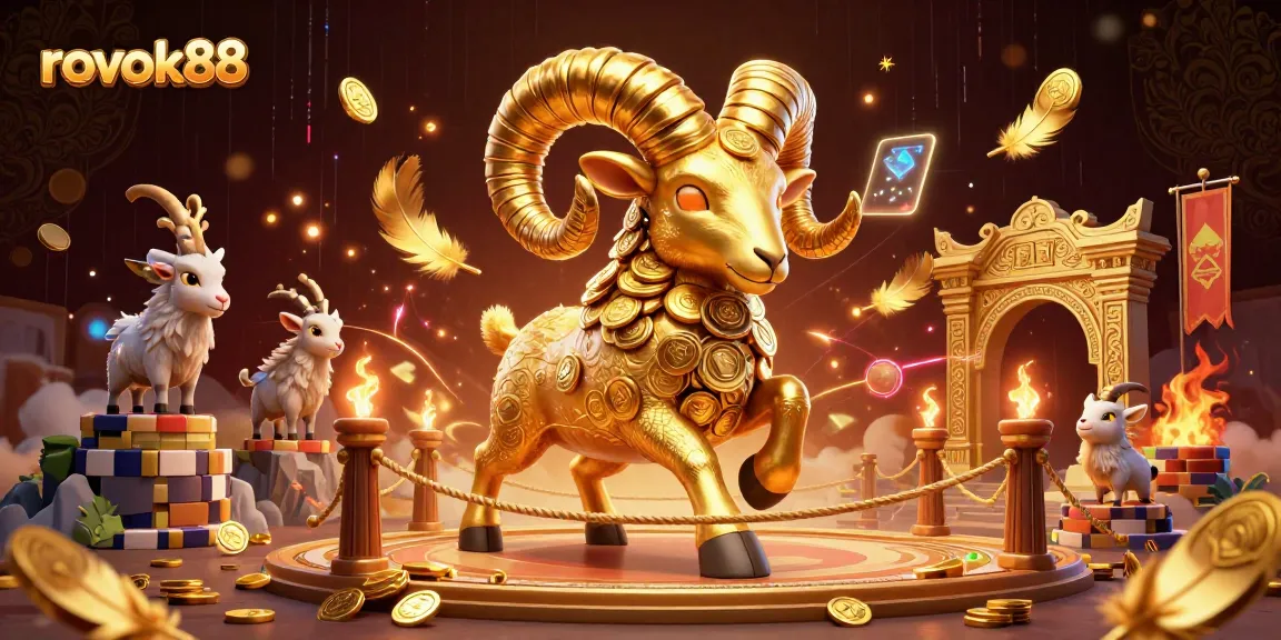 rokok88's golden ram charges through a vibrant casino scene filled with dynamic elements and rich textures.