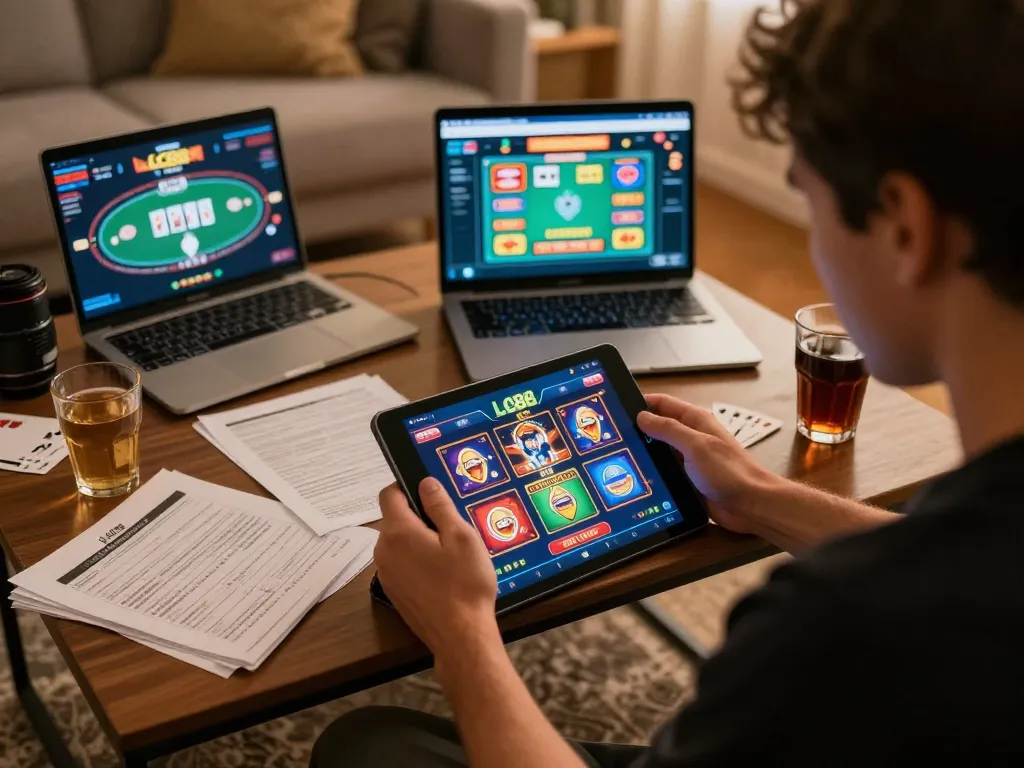 Engaged user exploring the trang chủ lc88 casino app on a tablet during a cozy home gaming session
