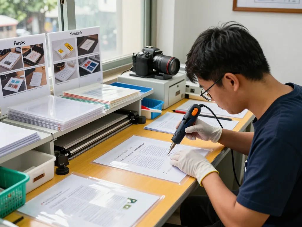 Expert technician performing địa chỉ bóc ép plastic hà nội for document restoration.
