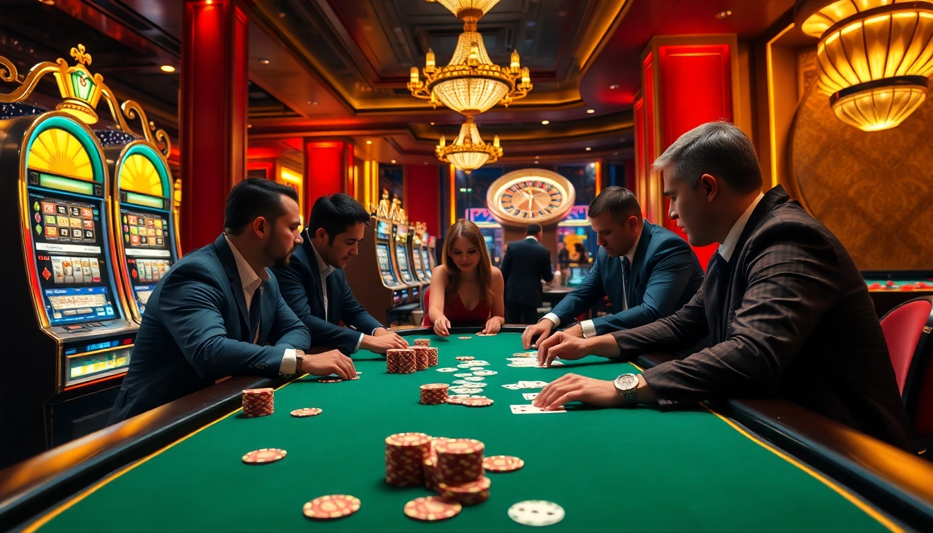 Experience the thrill of gambling at https://888vi.io/ with an elegant casino setting filled with poker tables and exciting slot machines.