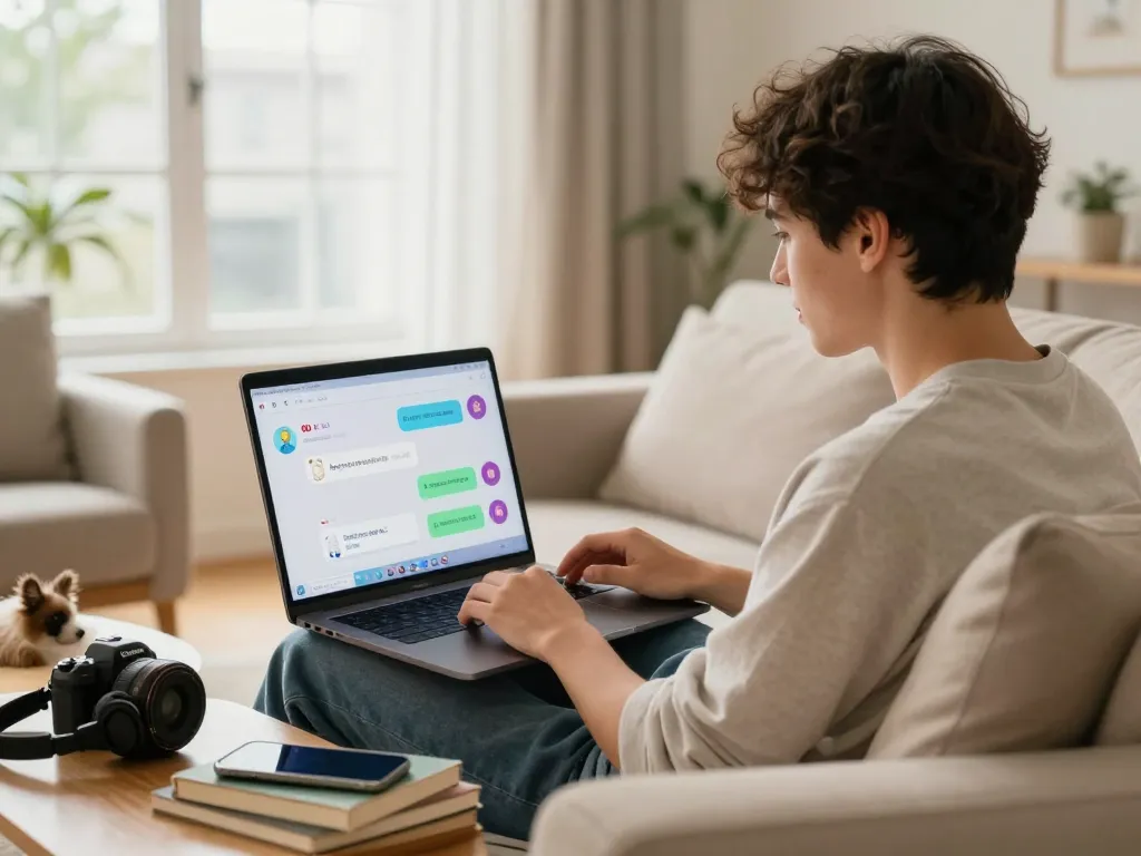 Young adult engaging in sex AI chat on a laptop in a cozy home setting, showcasing digital interaction.