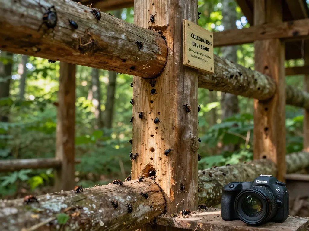 Coleotteri del legno che infestano travi di legno in una foresta, mostrando l'emergere dei coleotteri e i danni al legno.