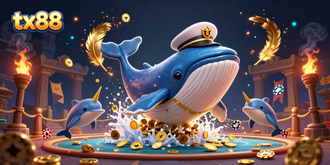 Experience excitement with tx88 featuring a 3D whale, narwhal, and dolphins celebrating wins in a casino.