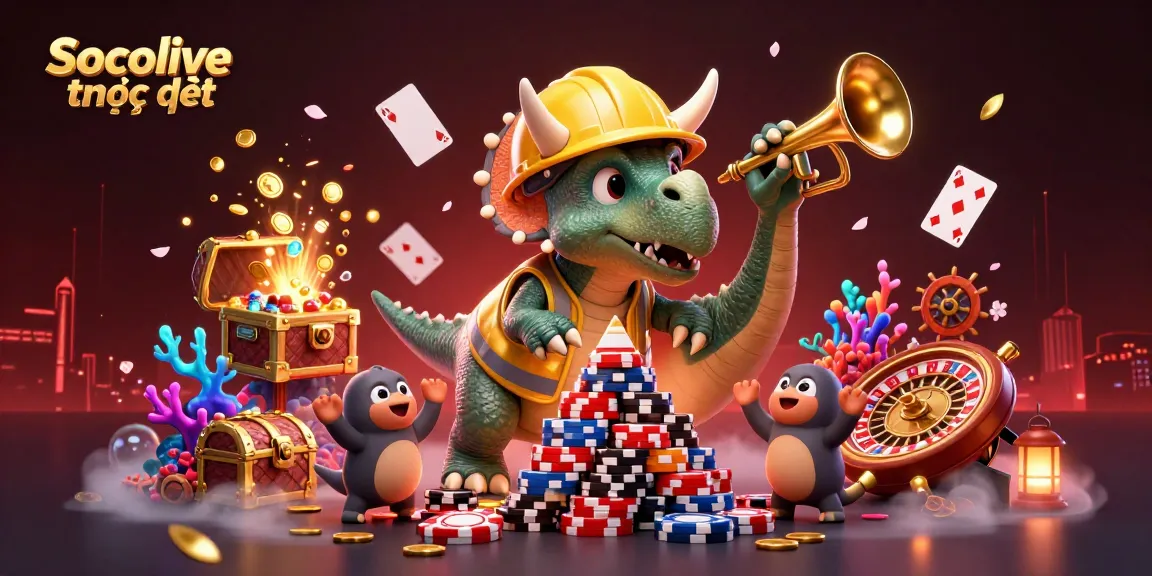 Socolive trực tiếp showcases a triceratops building poker chips while celebrating with a parasaurolophus and cheering compys in a vibrant casino theme.