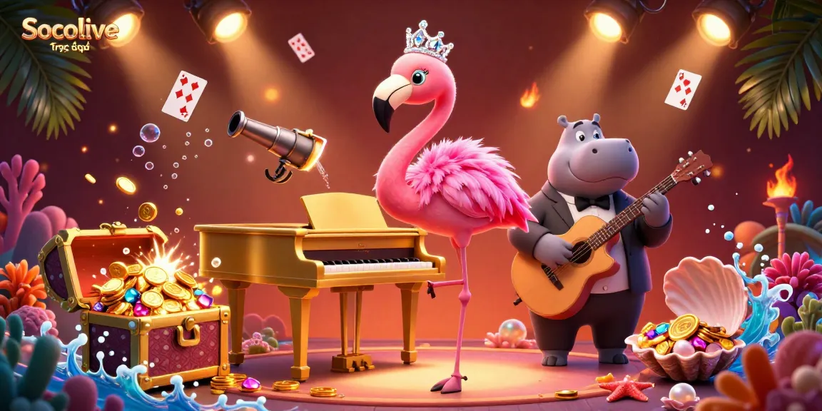 Experience Socolive trực tiếp with lively flamingo and hippo musicians surrounded by dynamic casino elements.