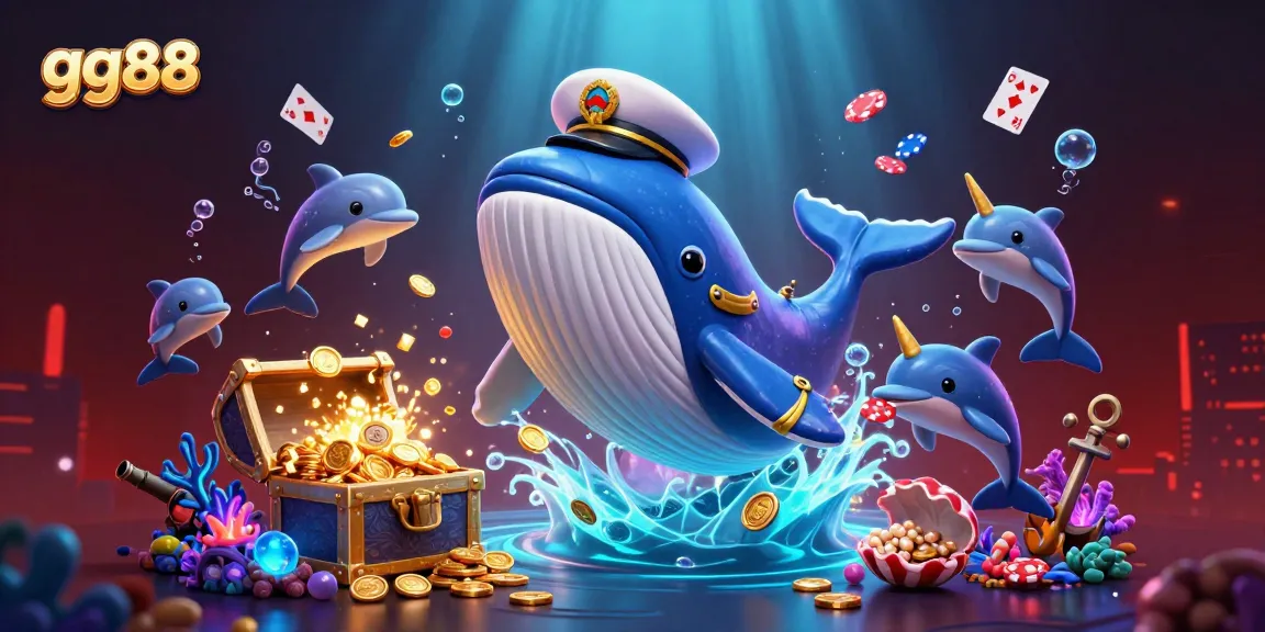 Experience exciting jackpots at gg88 with playful dolphins and a majestic whale surrounded by treasures.