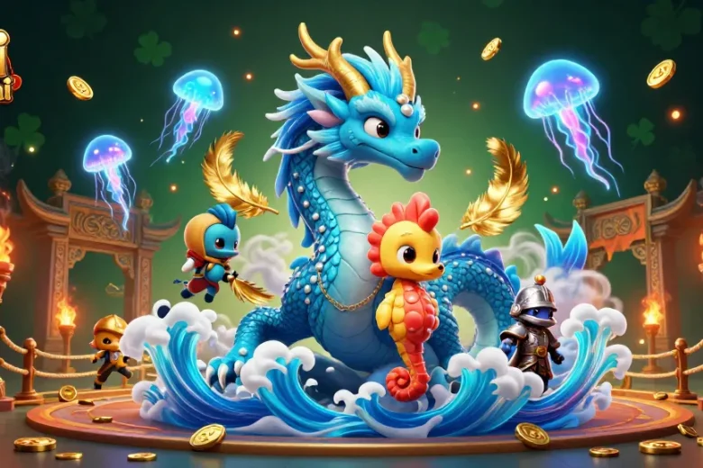 Engage with the soi keo nha cai experience featuring a mystical dragon, seahorse knight, and vibrant jellyfish in a dynamic betting arena.