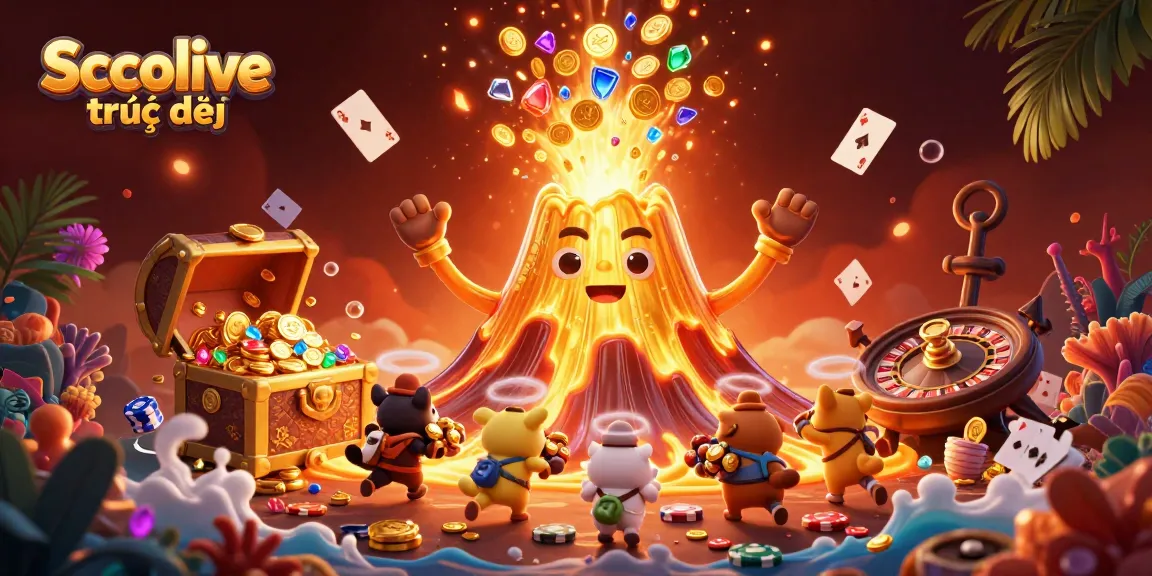 Socolive trực tiếp showcases a thrilling scene of a bursting golden volcano amidst an exciting gambling atmosphere with a rich mix of casino elements.
