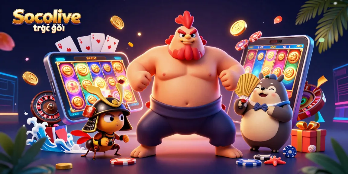 Socolive trực tiếp shows a vibrant 3D animated scene enhancing sports betting excitement with dynamic casino elements.