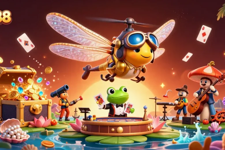 Experience the dynamic world of XX88 featuring a cartoon dragonfly pilot, frog croupier, and lively musicians amidst a vibrant casino scene.